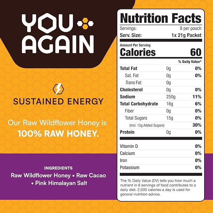 You Again Super Honey Clean Energy Gel, Himalayan Salted Chocolate | Electrolyte Replenishment Running Fuel | Endurance Workouts & Cycling Gel | Paleo & Carnivore Snack | Gluten-Free | 8-Pack