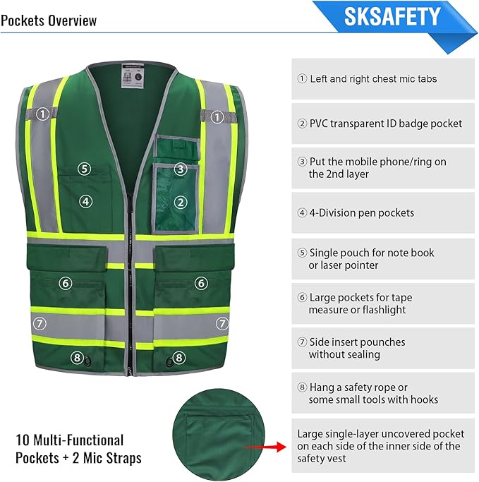 SKSAFETY 10 Pockets Safety Vest, Class 2 High Visibility Security with Zipper, Hi Vis Vest with Reflective Strips, ANSI/ISEA Standard, Construction Work Vest for Men ＆ Women （Green,4XL）
