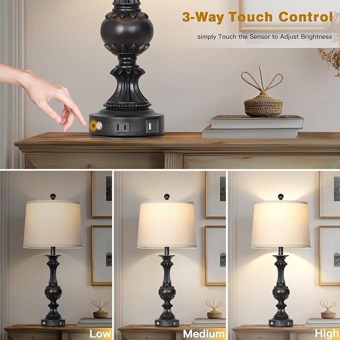 28" Black Farmhouse Table Lamps Set of 2, Rustic Lamps for Living Room with USB C+A Ports & AC Outlet, 3 Way Touch Control Bedroom Lamp, Retro Tall Bedside Lamp for Nightstand Side Table