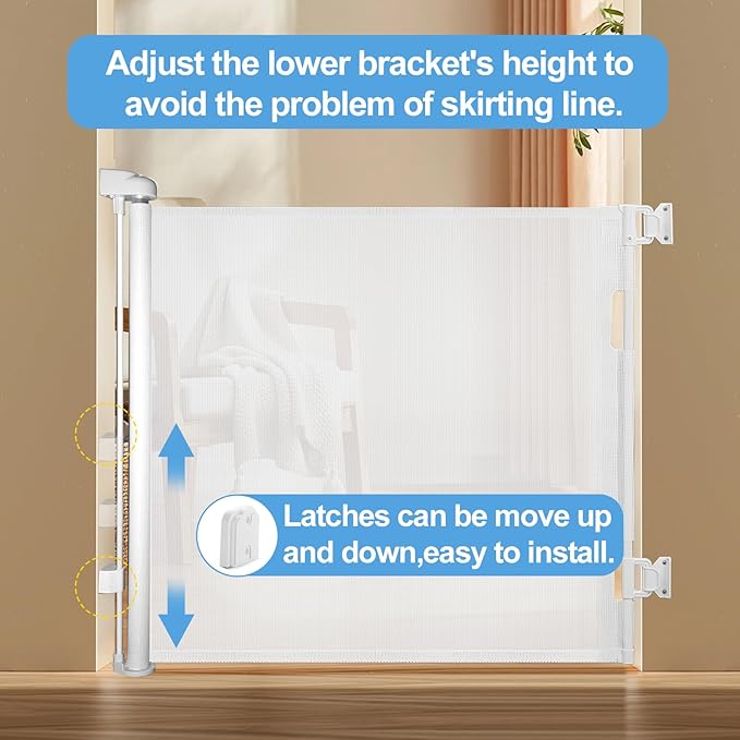 2-Pack Retractable Baby Gate for Stairs-33”Height, Expands up to 55”Width-Safety Gate for Infants, Toddlers, Dogs & Pets-Easy Install, Secure Closure, White Mesh Design for Indoor & Outdoor Use