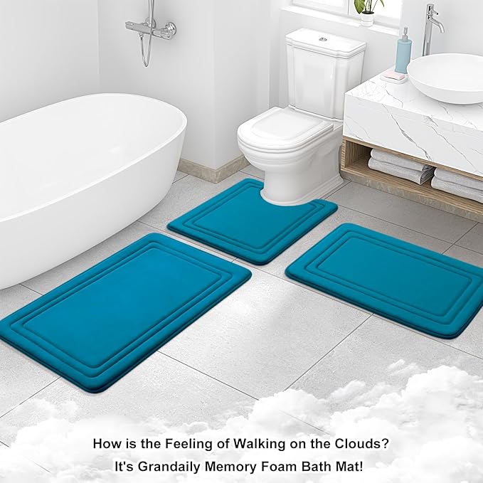 Grandaily Memory Foam Bath Mat Rug 36x24, Ultra Soft, Non-Slip and Absorbent Bathroom Rugs, Machine Wash Dry, Comfortable Bath Carpet for Bathroom Floor, Tub and Shower, Peacock Blue