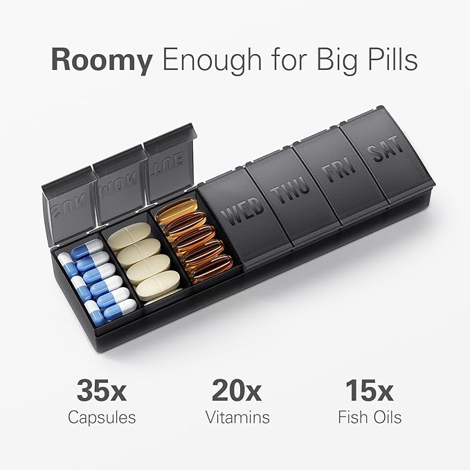 Barhon Pill Organizer Large, Weekly Medicine Pill Organizers, 7 Day Pills Box Case Travel for Big Vitamin Supplements Fish Oil, Orange