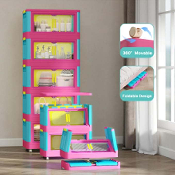 4 Tiers Folding Storage Cabinet,20" Side Wide Collapsible Storage Bins with Doors and Wheels, Space Saving Plastic Cabinet for Living Room, Office, Dorm, Rainbow