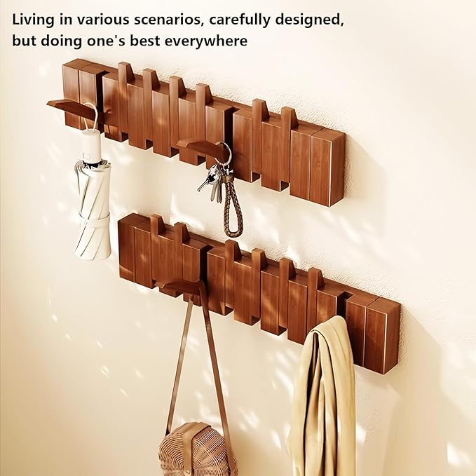Wall Mounted Piano Key Hanger | Flip Style Hook | Entrance Wall Art Hook, Made of Oak Wood (3 Times Painted, 4 Times Polished) (LED Walnut, 6Hooks)