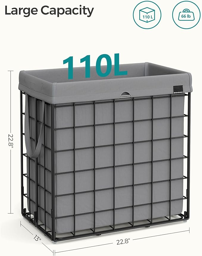SONGMICS 29 Gal. (110L) Laundry Basket, Laundry Hamper, Collapsible Clothes Hamper, Removable and Washable Liner, Metal Wire Frame, for Bedroom Bathroom, Black and Gray ULCB111G01
