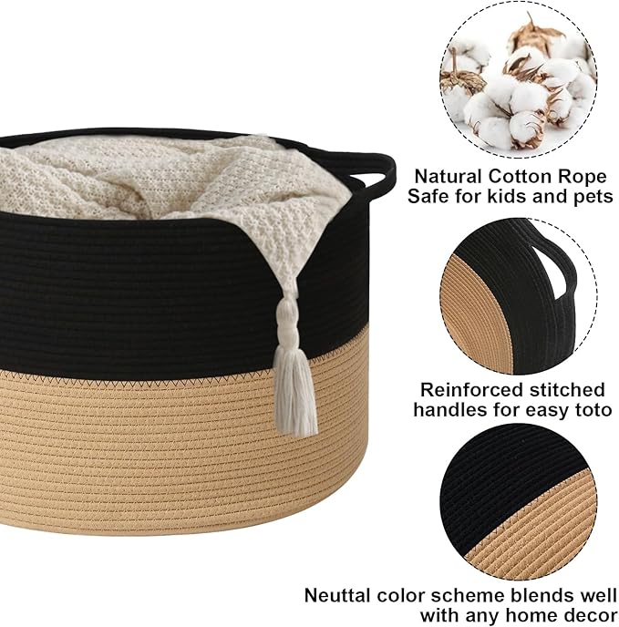 Large Storage Basket with Handle,23.6" x 23.6" x 15.7" Blanket Basket Storage Bins for Organizing,65L Cotton Rope Woven Baskets for Living Room, Nursery ,Bedroom,Black&Camel