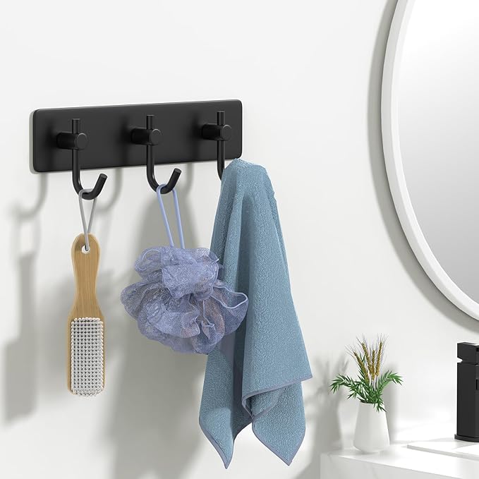HUFEEOH No-Drill Adhesive Wall Rack with 3 Hooks, Stainless Steel Towel Hanger for Mounting, Key Hooks Hat Holder for Bathroom, Kitchen, Entryway, Bedroom (1 Pack) (Black)