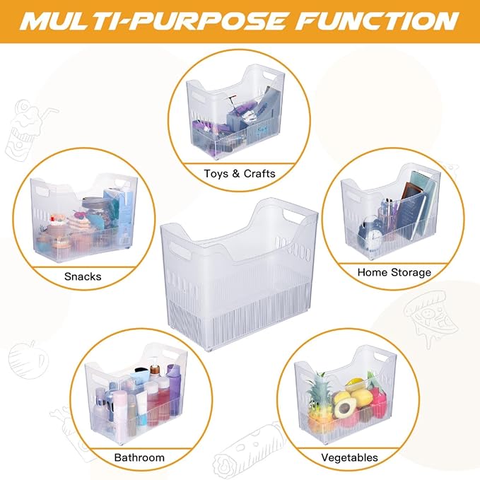 4 Pcs Plastic Freezer Organizer Bins with Wheel Tall Narrow Kitchen Pantry Organizer Snack Storage Containers for Office Refrigerator(10 x 12.5 x 6.7 Inch)