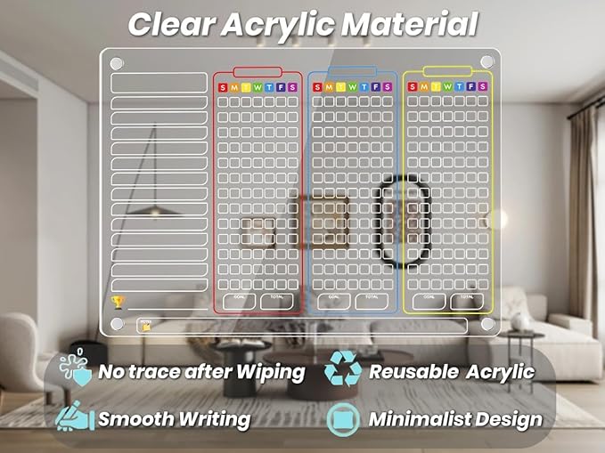 PigPotParty Acrylic Magnetic Chore Chart for Multiple Kids, 3-Kid Family, 16"x12" Large Dry Erase Chore Board, Responsibility Chart for Teens & Adults, with 12 Markers & Towel