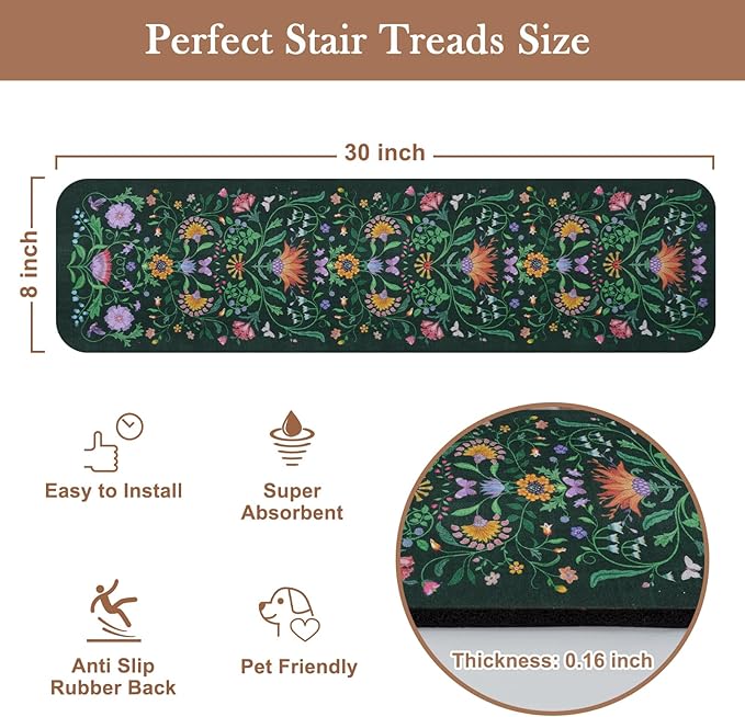 OJIA Floral Stair Treads Non Slip Stair Runners for Wooden Steps Indoor, 15PCS 8"x30" Rubber Backing Carpet Treads for Wood Stairs Staircase Step Treads for Kids & Dogs, Stair Covers, Green