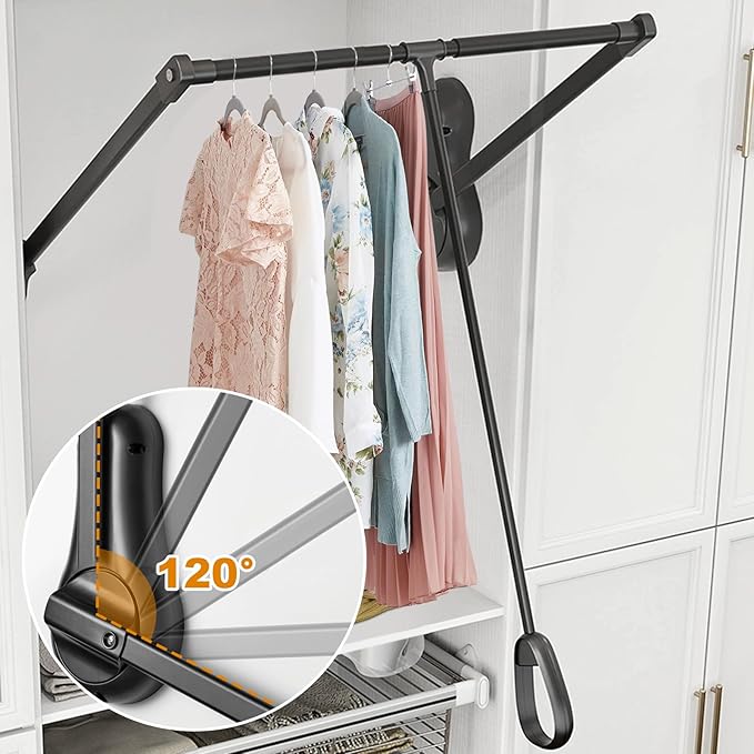 YJINGRUI Pull Down Closet Rod, 120° Pull-down Wardrobe Hanger with Lift Damping System, 55lb Adjustable Clothing Rack for Cloakroom/Bedroom/Balcony (25.6"-33.4")