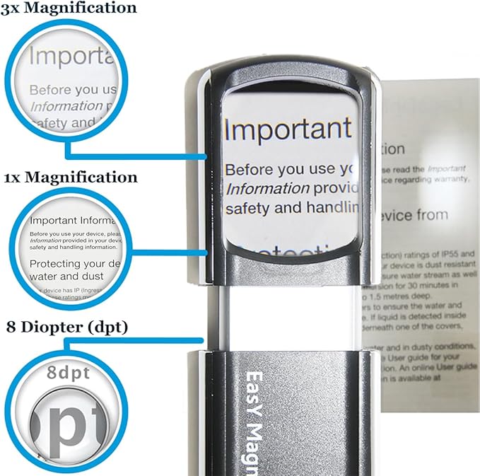 EasY Magnifier Small Rechargeable Magnifying Glass with LED Light 3.0X, Lighted Handheld Magnify Glasses for Reading Fine Prints & for Close Work; Gift for Elderly & Seniors with Low Vision