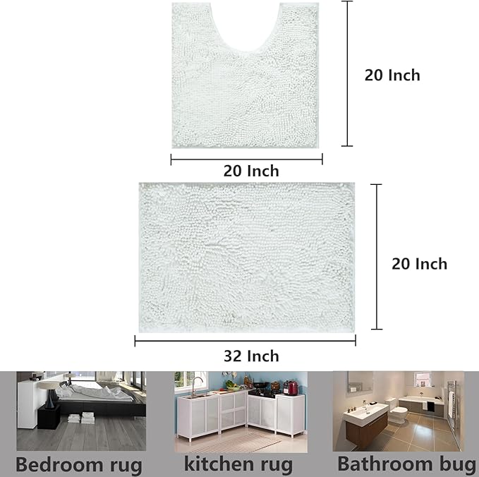 BOANKODU Bathroom Rug Sets, 2 Piece Soft Chenille Bath Mat, Non-Slip, 32x20 Inch + 20x20 Inch U Shape, Machine Washable (White)