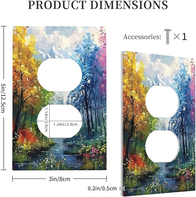 Colorful Forest Snow Mountain River Oil Painting Style Outlet Covers 1 Gang Duplex Light Switch Cover Decorative Switch Plates Electrical Receptacle Faceplate Wall Plate for Bedroom Living Room Decor