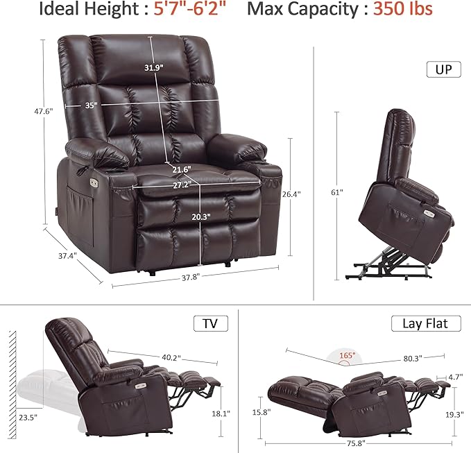 MCombo Dual Motor Power Lift Recliner Chair for Elderly, Lay Flat Lift Chair with Heat and Massage, Oversized Lift Recliner for Big and Tall, Faux Leather R7891 (Dark Brown, Oversized)