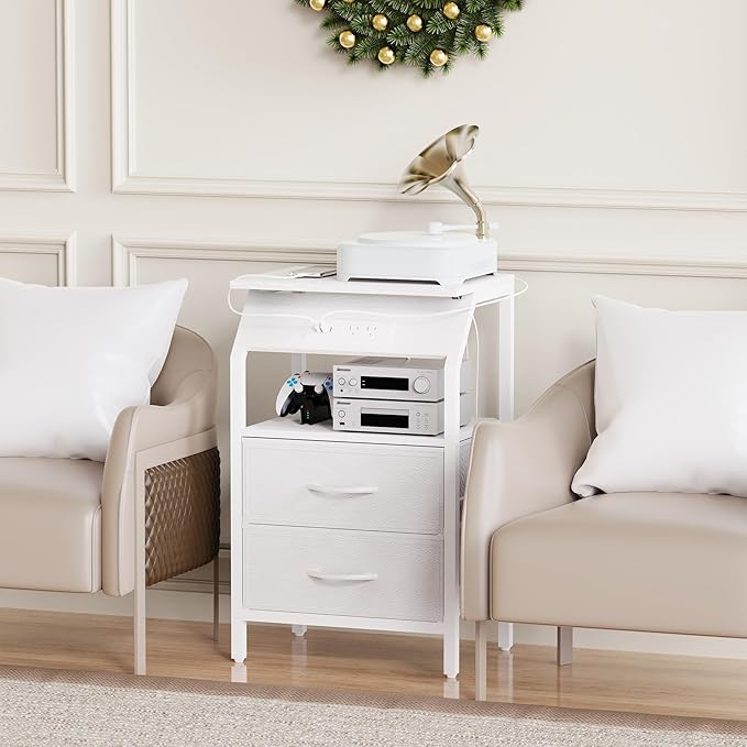 LED End Table, Nightstand with 2 Drawers and Charging Station Type C Port, Storage Fabric Dresser for Bedside, Small Side Table for Living Room Dorm, White