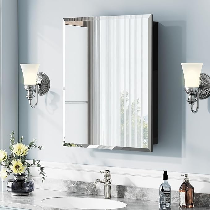 24" x 30" Metal Framed Medicine Cabinet, Bathroom Medicine Cabinet with Mirror, Adjustable Shelves, Tempered Glass Design, Recessed Mirrored Medicine Cabinets for Storage,Black