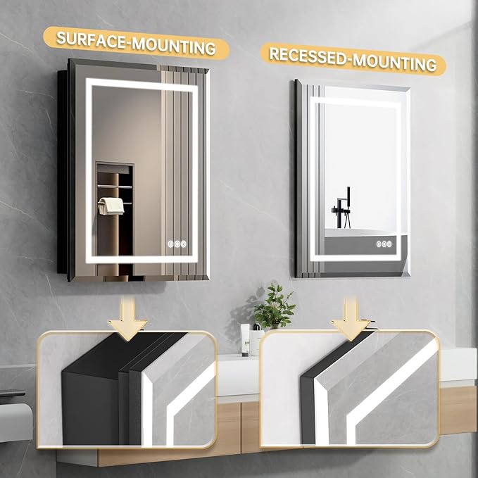 20"X30" Bathroom Medicine Cabinet with Mirror, LED Lighted Medicine Cabinet with Anti-Fog, 3 Colors Temperature Stepless Dimmable, Metal Cabinet for Storage and Mordern Decor, Black