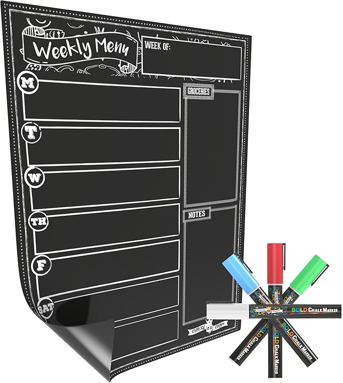 CHALKY CROWN Magnetic Dry Erase Menu Board for Fridge Includes 4 Liquid Chalk Markers - Weekly Meal Planner Blackboard, Grocery List & Notepad for Kitchen Refrigerator - Chalkboard Magnet 15.6" x11.6