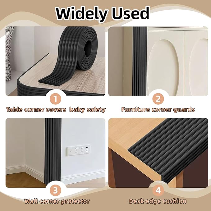 Baby Corner Guards 6.56FT - Ultra Soft Sponge Edge & Corner Protectors,Desk Edge Cushion,for Furniture, Table, Fireplace - Safety Bumper with Strong Adhesive Tape, Black,3.15 Inch Wide