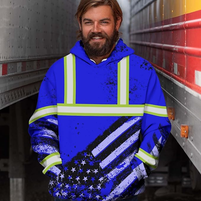 US Flag High Visibility Hoodie for Men Reflective Hoodie Safety Workwear for Worker Runner Patriotic ACC02