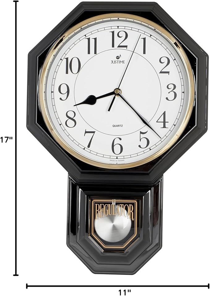 JUSTIME Traditional Schoolhouse Easy to Read Regulator Wall Clock, Chiming Wall Clocks with Pendulum & Westminster Chime Hourly, Schoolhouse Wall Decor Battery Operated (Gun Metal)