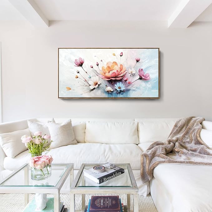 amatop Large Framed Floral Wall Art | Elegant Abstract Pink & Blue Bloom Bouquet – Daisy Peony Botanical Wall Art for Living Room, Bedroom & Dining Room (48x24 Inch)