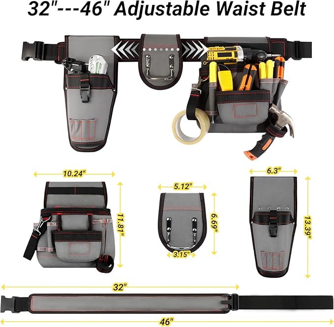Tool Belt Magnetic for Men with 17 Pocket, 32"-46" Adjustable Heavy Duty Waist Tool Belts with Drill Holster and Hard Board Tool Pouch, Toolbelt for Electrician, Carpenter, Worker, Dad Gift