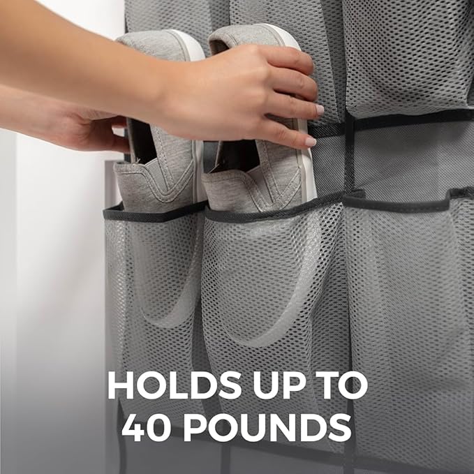 HOME GENIE Over the Door Hanging Shoe Organizer, 24 Breathable Mesh Pockets, Closet Rack Storage Holder, Stay in Place Hooks Hang on Closets, Hanger Holds Up to 40 lbs for Shoes, Accessories, Gray