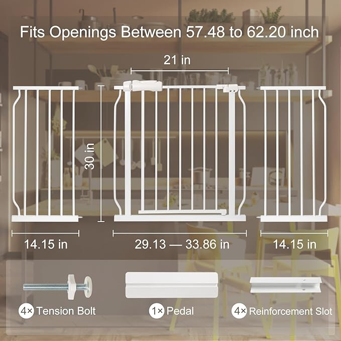 Extra Wide Baby Gate with Door Pressure Mounted 57.48-62.20 Inch,Child Baby Gates for Doorways No Drilling,Walk Through Dog Gate Indoor for The House Kitchen Stairs,White