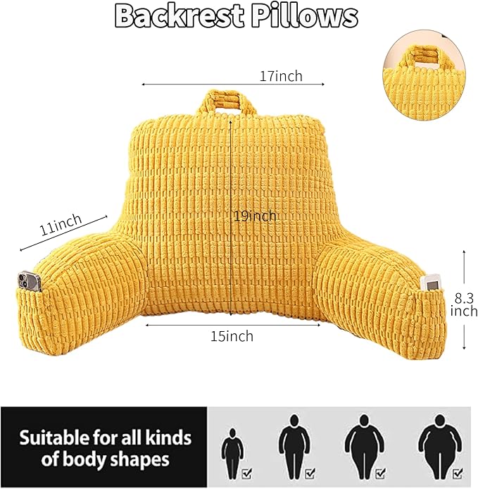 Reading Pillow for Sitting in Bed, Large Backrest Reading Pillow with Arm Rest,Back-Rest Support Cushion for Sit Up on Couch, Sofa, and Floor, Dorm Essentials (Yellow Corduroy, Large(19"))