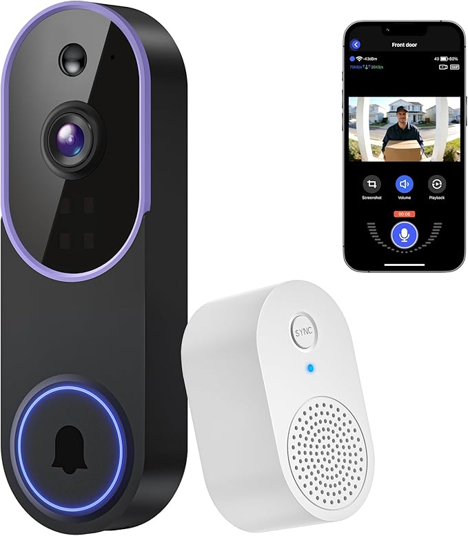 1080P Wireless Video Doorbell Camera, Smart Outdoor Surveillance Cam, FHD Live View, Cloud Storage, AI Human Detection, Instant Alert, Night Vision, Two Way Audio, 2.4G WiFi Only (Purple)