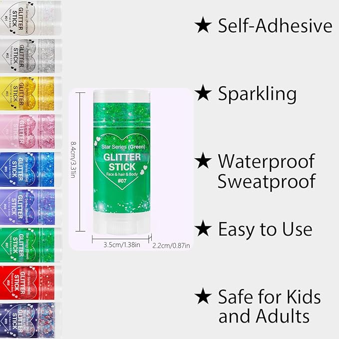 Mysense Green Body Glitter Stick,Sparkling Face Hair Glitter for Mardi Gras Festival Rave Outfit Women,St Patricks Day Accessories,Chunky Mermaid Glitter Face Paint Makeup
