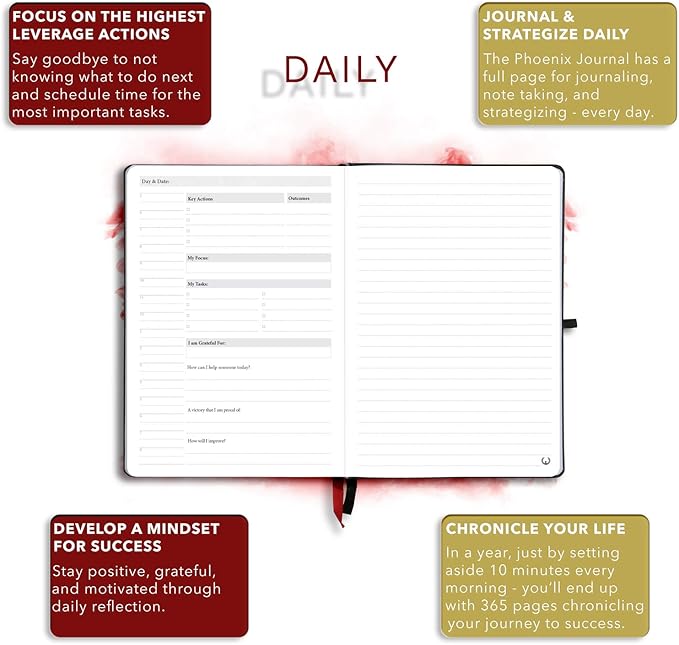 The Phoenix Journal - Best Daily Goal Planner, Organizer, & Calendar for Goal Setting, Gratitude, Happiness, & Productivity - Vision Board & Habit Tracking - 12 Weeks, Undated, Hardcover - Black