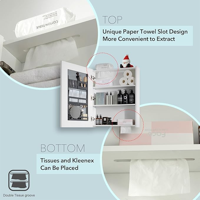 Bathroom Mirror Cabinet - Large Single Door 24x30 inchs Wall Cabinet Bathroom Vanity Mirror Cabinet with Facial Tissues Slot and Multifunctional Storage Area