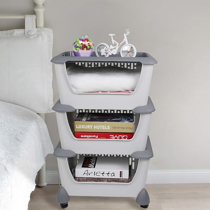 Gray Plastic Stacking Organizer Basket with Wheels, 3-Tier Multi-function Stackable Storage Basket