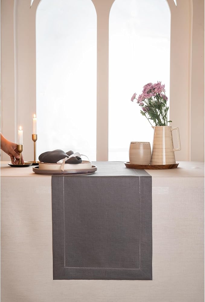 D'Moksha Homes Linen Charcoal Grey Table Runner 72 Inches Long - 100% Pure Linen Hemstitch Table Runner 14 x 72 Inch for Dresser, Dining, Spring, Easter - Classic Hemstitch