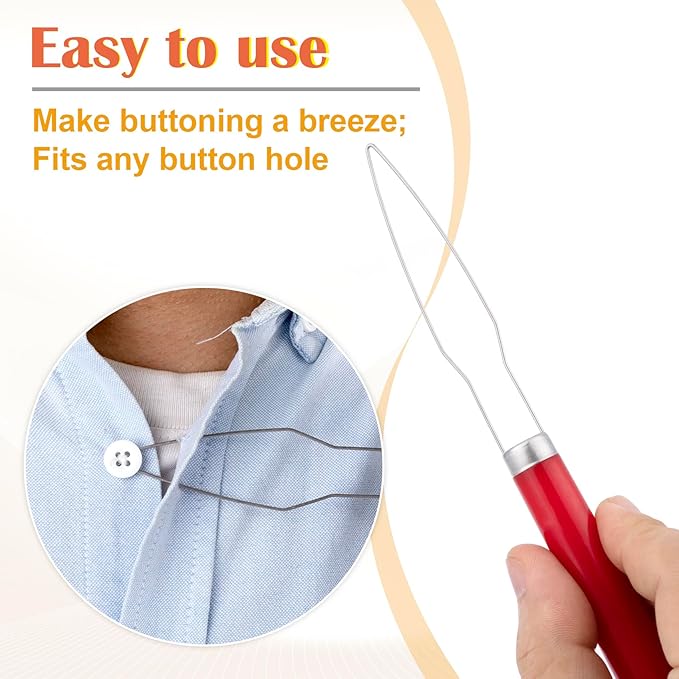 Easy Button Hook, Steel Button Helper Tool for Elderly, Wide Plastic Handle Buttons Fastener Device Assist Dressing Aid Tool for Seniors One Hand - 1 Pack, Red
