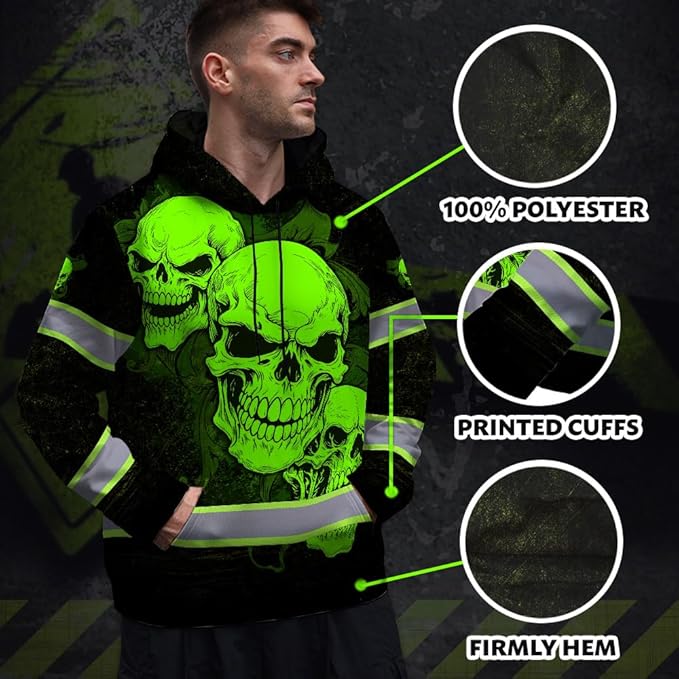 Matedecor Skull US Flag Reflective High Visibility Hoodie For Men Construction Hi Vis Safety Workwear Custom Name