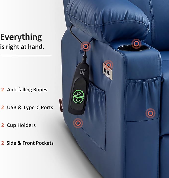 MCombo Power Lift Recliner Chair for Elderly, Lift Chair with Heat and Massage, FSC Certified, USB Ports, Cup Holders, Faux Leather 7141 (Blue, Small)