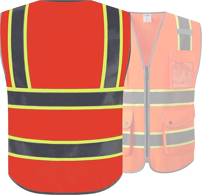 JKSafety 9 Pockets High Visibility Zipper Front Safety Vest | Orange with Dual Tone High Reflective Strips | Meets ANSI/ISEA Standards (901-Orange, XX-Large)
