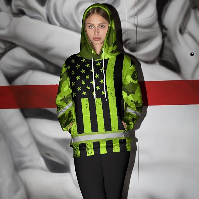 US Flag High Visibility Hoodie for Men Reflective Hoodie Safety Workwear for Worker Runner Patriotic ACC02