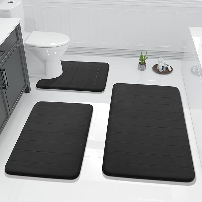 Yimobra 3 Pieces Memory Foam Bath Mat Set with U-Shaped Toilet Rug - Non Slip Super Soft Absorbent Quick Dry Bathroom Rugs for Bathtub, Vanity & Toilet Base, Black
