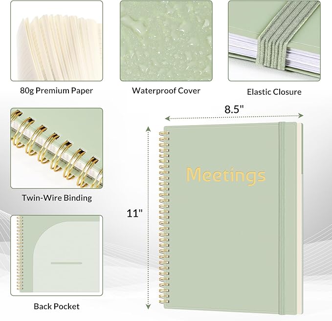 SUNEE Half Meeting Half Note 8.5"x11" Notebook for Work – 140 Pages, A4 Size Project Planner for Women&Men, Minutes Organizer for Meeting Notes, Ideas for Office/Business, PVC Waterproof Cover, Green