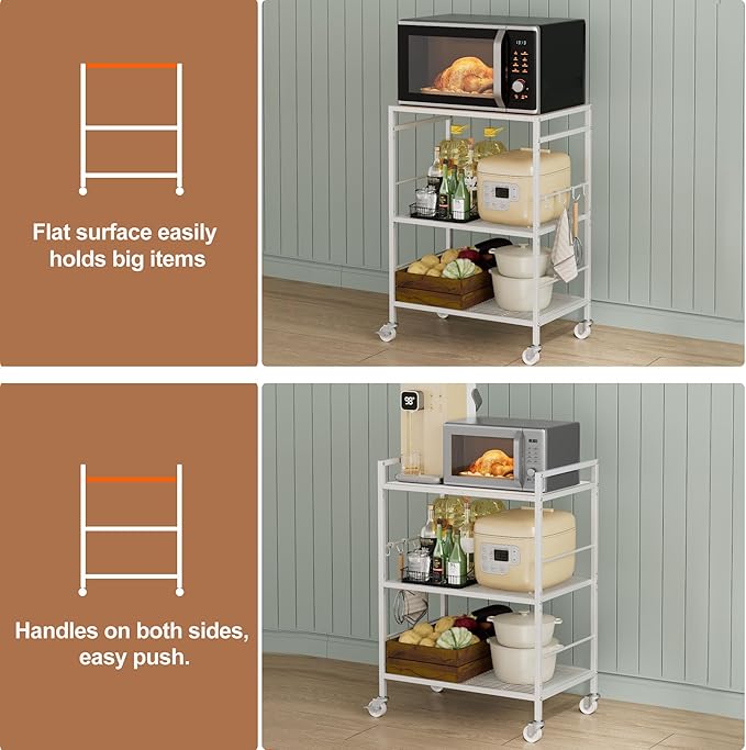3-Tier Kitchen Cart with Adjustable Shelves - Microwave Storage Cart & Utility Rolling Organizer, Industrial Wheels for Small Spaces, 15.7"x23.6"x33.7" Kitchen Office Living Room Metal Rack