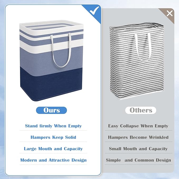 BlissTotes 3-Pack Laundry Basket, Freestanding＆Waterproof Laundry Hamper, Collapsible Tall Clothes Hamper with Easy Carry Handles for Clothes, Towels in the Family and Dorm,Gradient Blue,125L