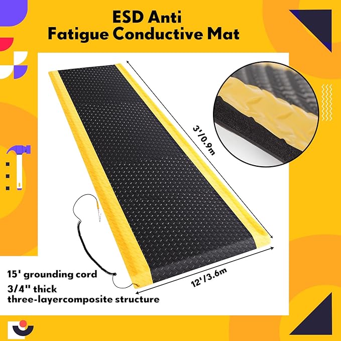 3'x12' Anti-Fatigue Mat ESD Conductive Pad with Ground Wire, Ergonomic Standing Floor Mat Heavy-Duty Diamond Plate Surface for Commercial&Industrial Work, Thick 3/4” Black with Yellow Border