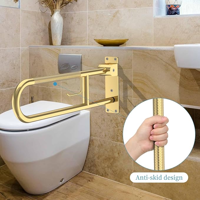 Toilet Grab Bar 22.4 Inch Gold, Munzong Anti-Slip Handicap Grab Bars with Paper Holder, Flip-Up Bathroom Safety Rails, Stainless Steel Knurled Support handrails for Seniors Elderly Disabled Pregnant