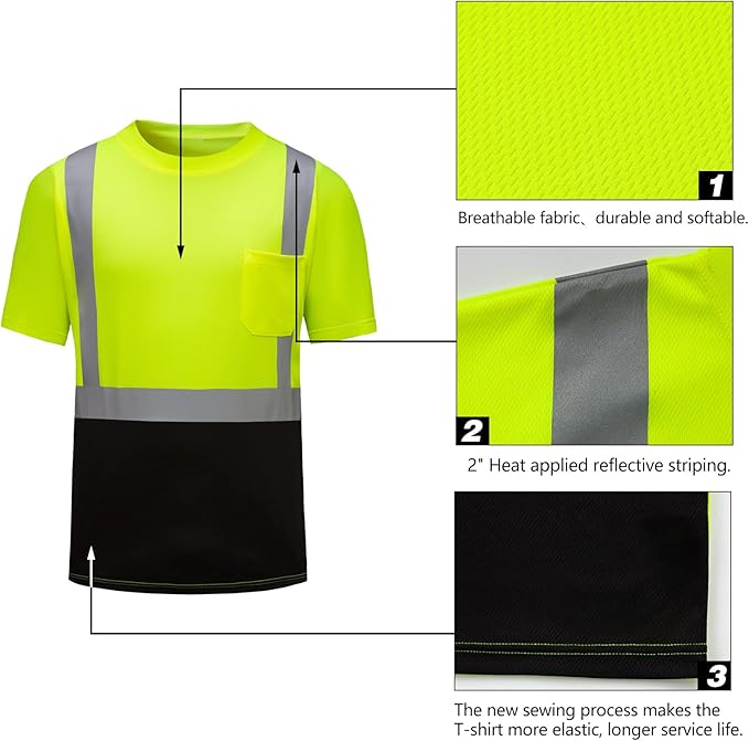 High Visibility Shirts Quick Dry Safety T Shirts with Reflective Strips and Pocket Short Sleeve Mesh Hi Vis Construction Work Class 2 Shirt for Men/Women Black Bottom Lime,XL
