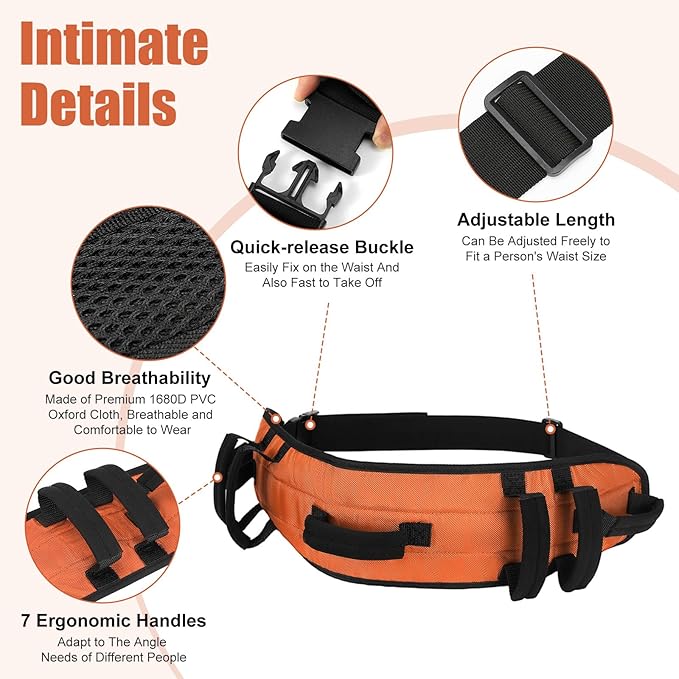 Rhino Valley Gait Belt Transfer Belt for Senior with 7 Handles, 59" Anti-Slip Transfer Belt for Elderly, Lift Belt with Quick Release Buckle, Medical Nursing Safety Patient Assist, Orange